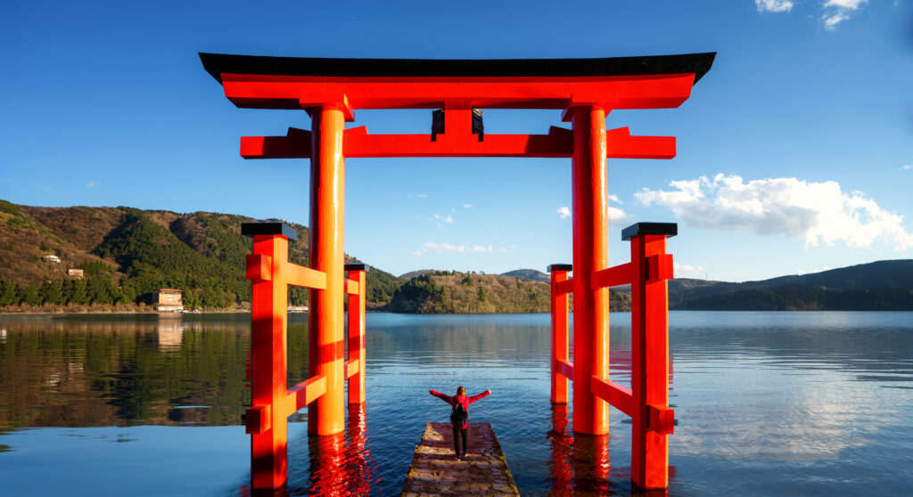 Red torii on the Hakone lake